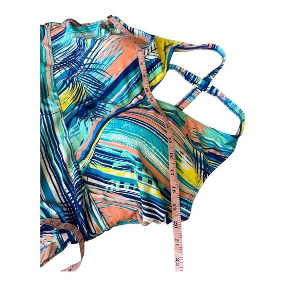 Denim & Co. Beach V-Neck Ruched Waist Swim Dress 22W A634759 Blue Stripe Palm - Picture 7 of 15